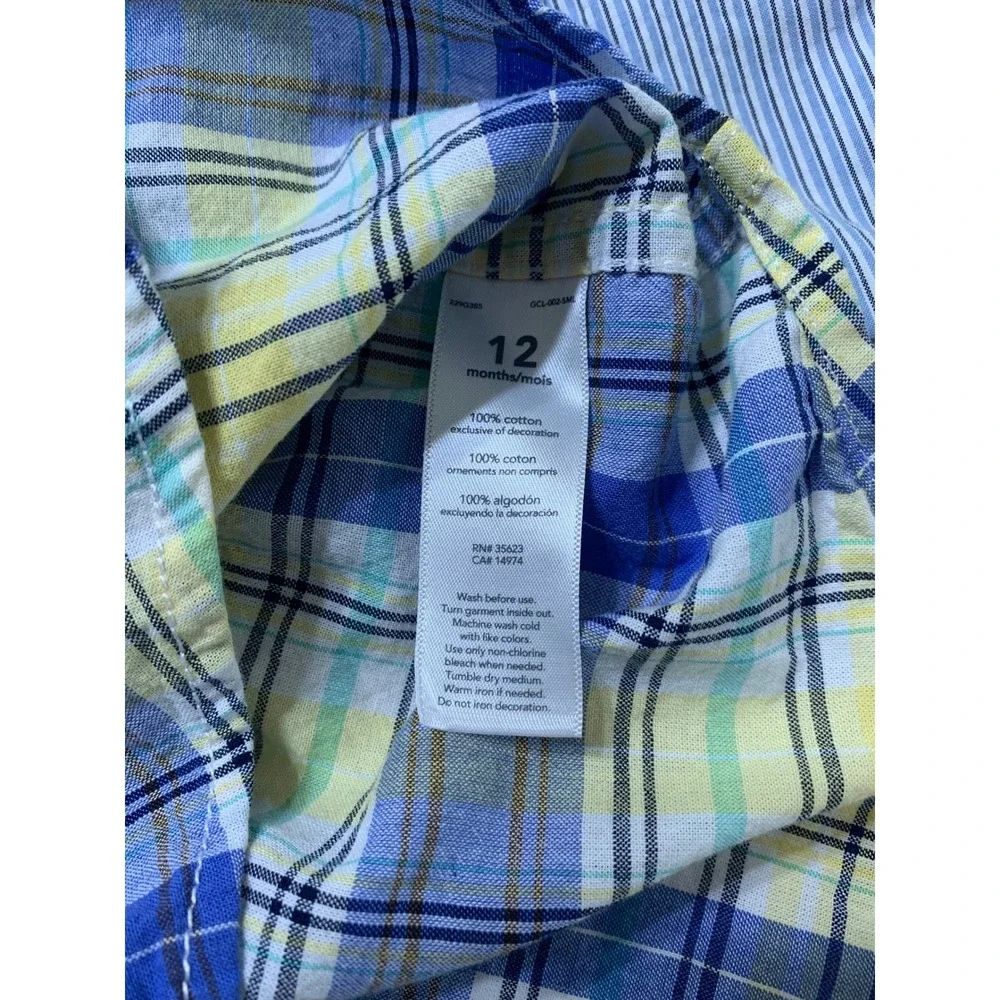 Carters Toddler‎ Button Down Shirts Lot of 2 Plaid Striped 12M 18M Blue Yellow